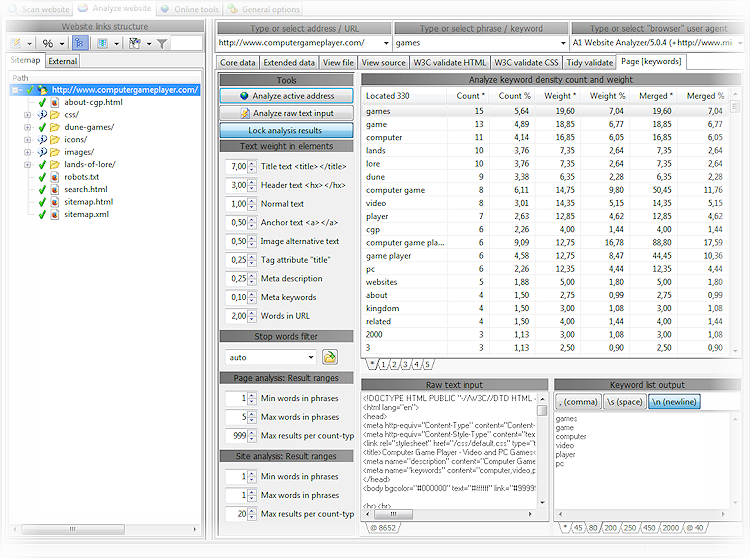 keyword analysis of single pages